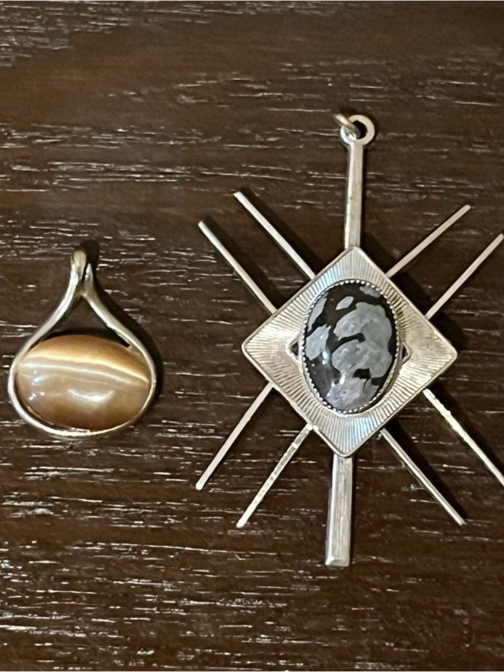 (2) Mid Century Retro silver pendants, snowflake obsidian and tigers eye 1950’s